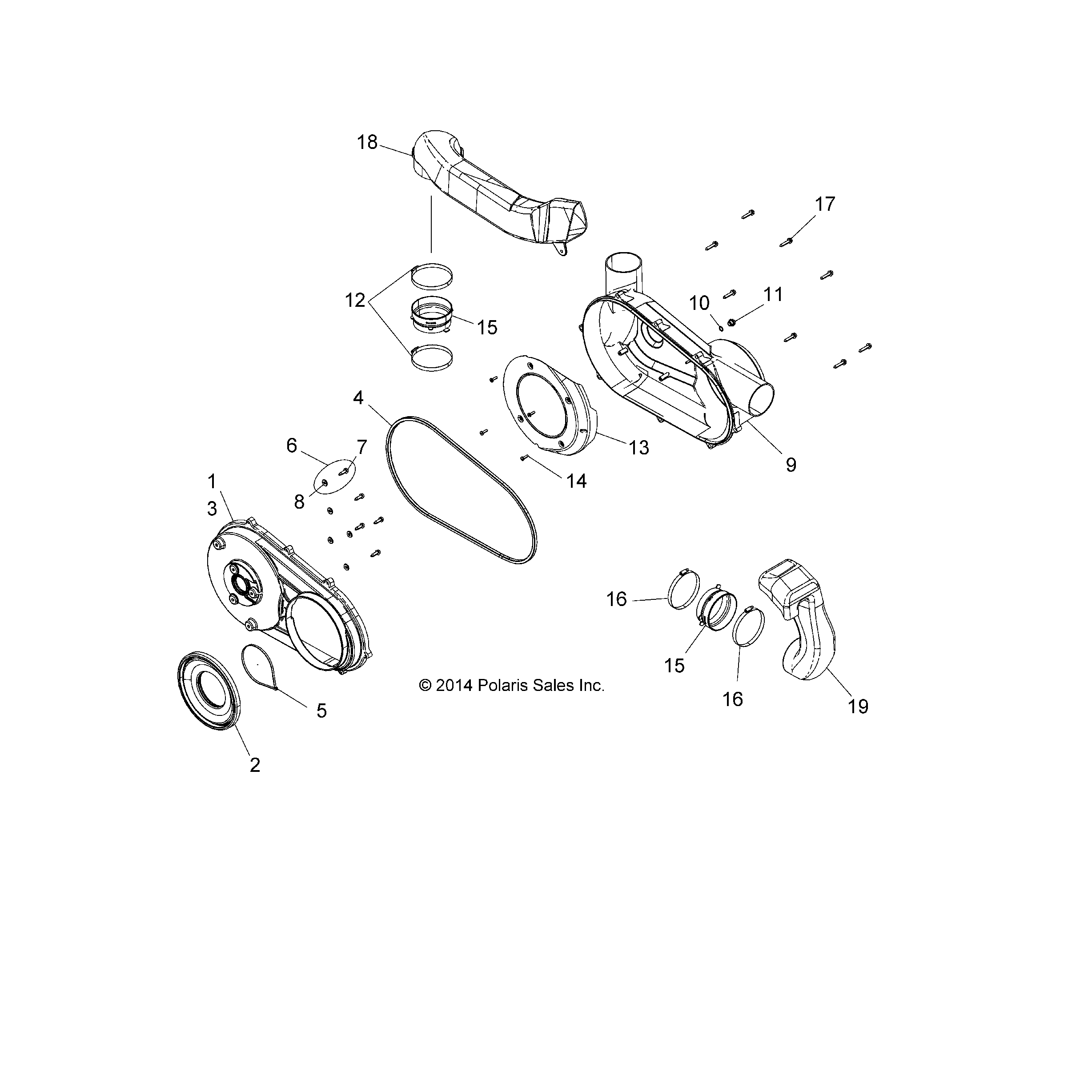 An Image of a Genuine Polaris Parts Schematic Diagram showing the schematic - BODY: CLUTCH COVER - 2016 POLARIS SPORTSMAN 570 EFI UTE HD