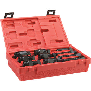 The Flywheel Puller Set Metric by Moose Offroad features a red plastic case with black carbon steel pullers in molded compartments, lid open to show assorted tool sizes for versatile metric applications.