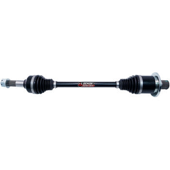 Heavy-duty black metal front right axle with rubber CV joint boots and silver mounting flanges.