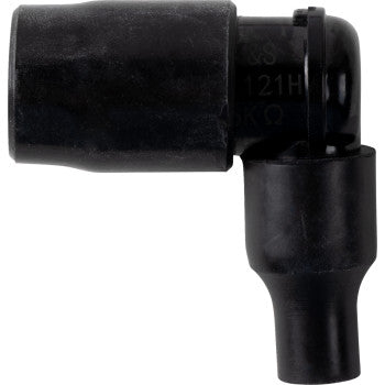 The Spark Plug Cap 90° 14 mm by K&S Technologies is a black right-angle boot with a cylindrical top and tapered bottom opening, designed to connect ignition wires to spark plugs. Rubber caps ensure durability and insulation.