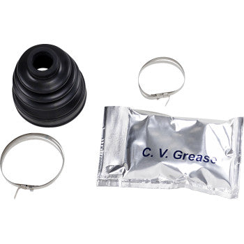The Polaris - Kawasaki CV Boot Kit Rear Inner by All Balls includes a black rubber CV boot for ATV/UTV, two metal clamps, and a silver C.V. Grease packet, all shown on a white background.