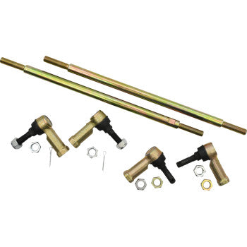 Two long metal rods, four L-shaped ball joints with bolts and nuts, and two small cotter pins from the Moose Offroad Tie Rod Upgrade Kit are arranged on a white background, appearing to be parts for a 12 mm tie-rod assembly.