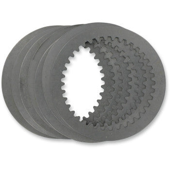 A set of five Steel Drive Plates by Moose Offroad, each featuring a notched inner edge, is displayed in a slightly fanned-out arrangement on a white background, designed to enhance the flywheel effect.