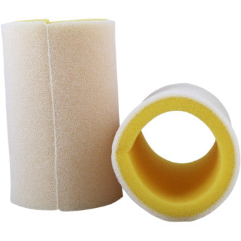 Two Yamaha Foam Air Filters by No Toil are shown—one upright, one on its side—highlighting their advanced design with a yellow inner layer and a white outer layer for superior air filtration.