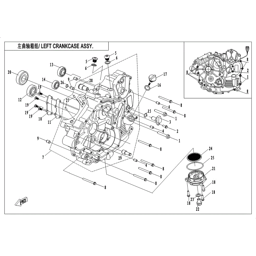 An Image of a genuine CFMOTO Parts Schematic Diagram showing the group - LEFT CRANKCASE ASSY - 2019 CFMOTO CFORCE 400