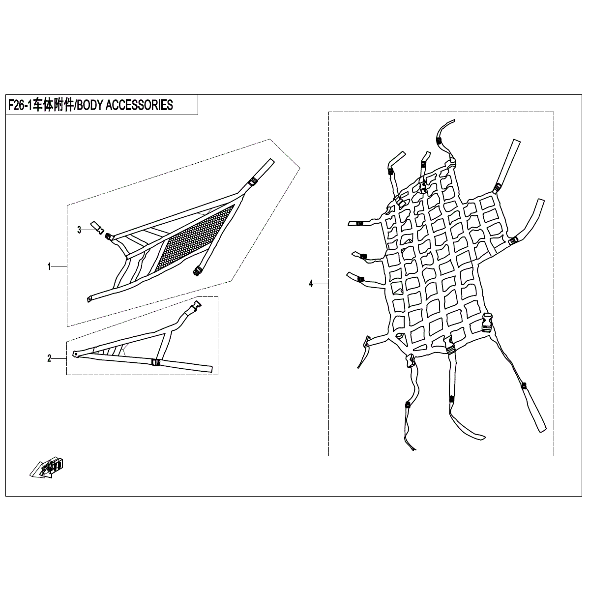 An Image of a Genuine CFMOTO Parts Schematic Diagram showing the schematic - BODY ACCESSORIES - 2020 CFMOTO ZFORCE 800 EX