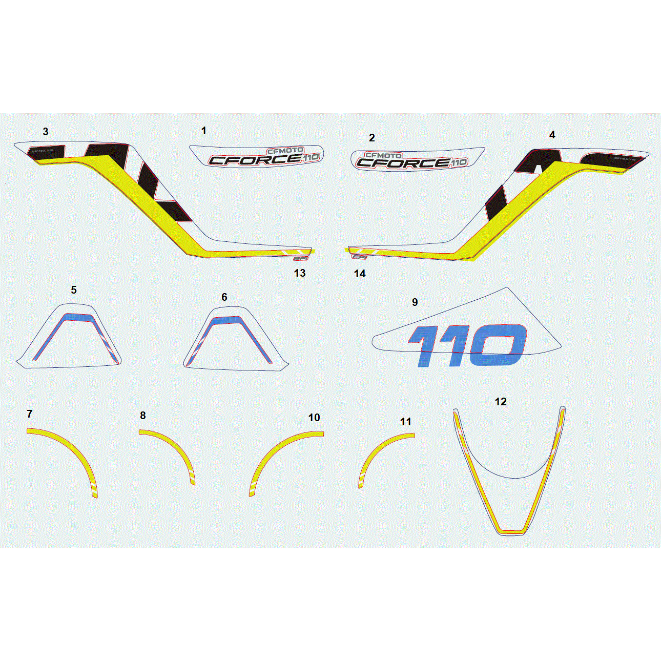 An Image of a genuine CFMOTO Parts Schematic Diagram showing the group - DECAL KIT (BAJA BLUE) - 2023 CFMOTO CFORCE 110