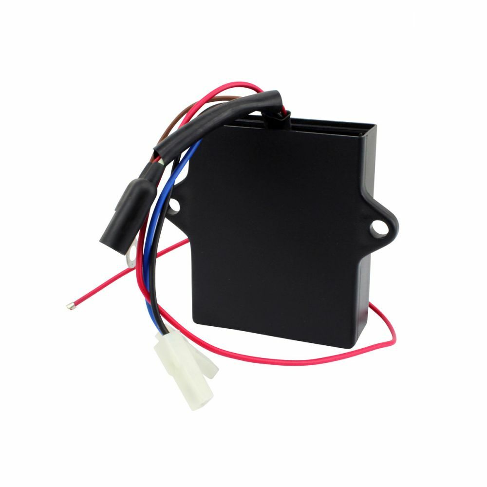 Black rectangular CDI box with red, blue, and black wires and white plastic connectors attached.