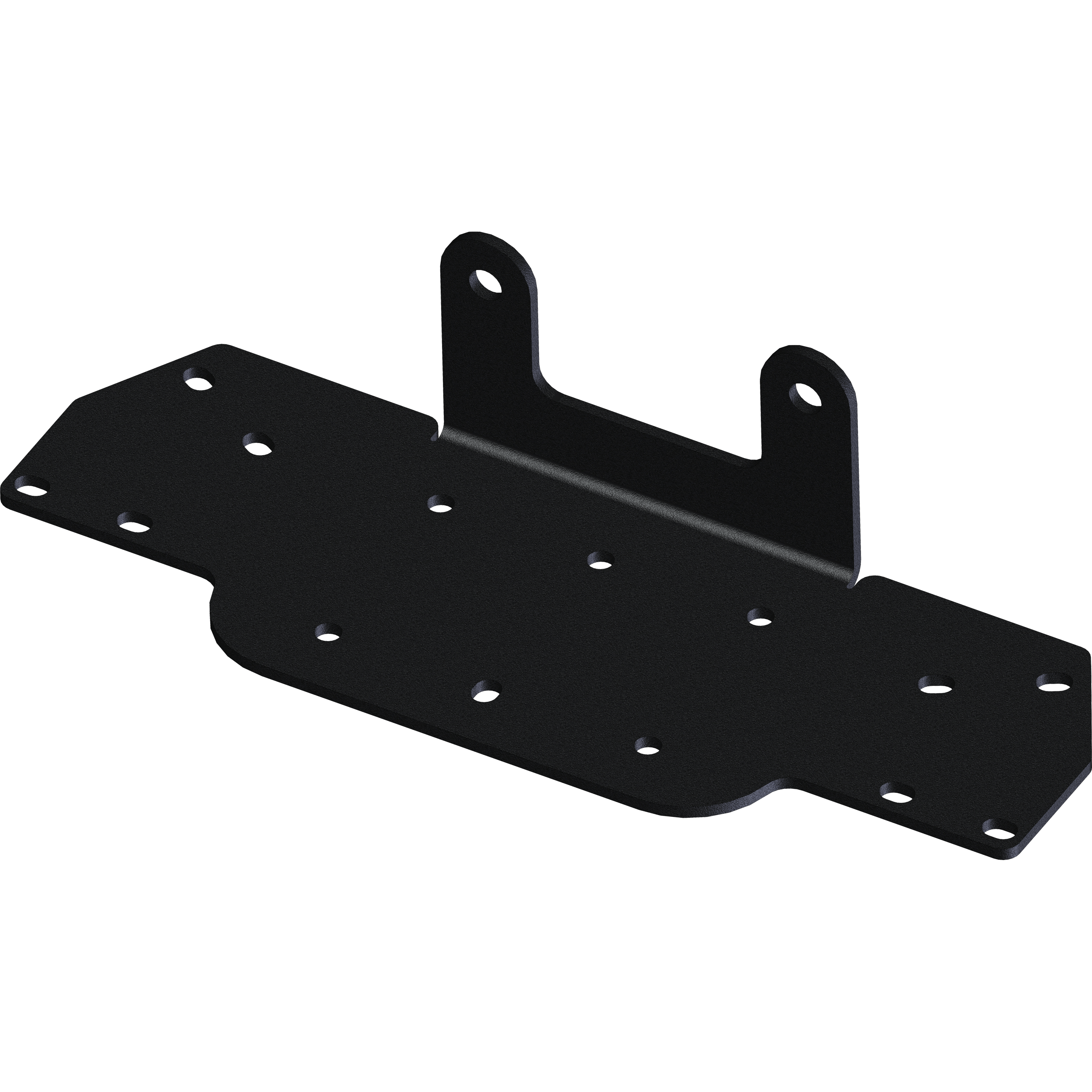 The Winch Mount by Open Trail is a black, flat metal bracket with multiple holes and two upward-facing tabs, designed for durable front mounting and secure attachment of UTV plow or winch mounts.