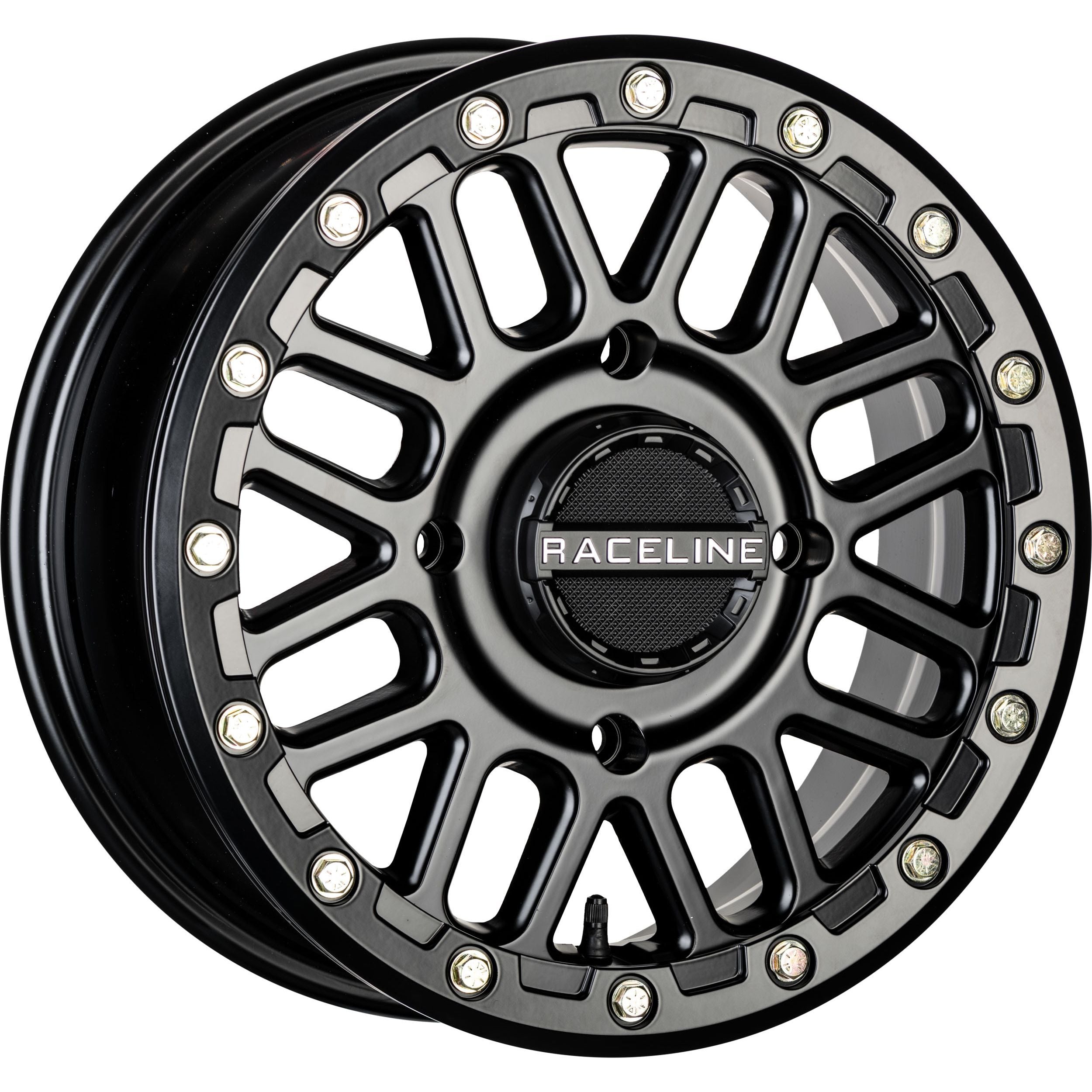 The Raceline ATV / UTV Podium Beadlock Wheel 14x7 4/156 5+2 (+10mm) in black features a multi-spoke design, silver bolt accents, and the Raceline logo at the center, ideal for ATV or UTV wheels, shown on a white background.