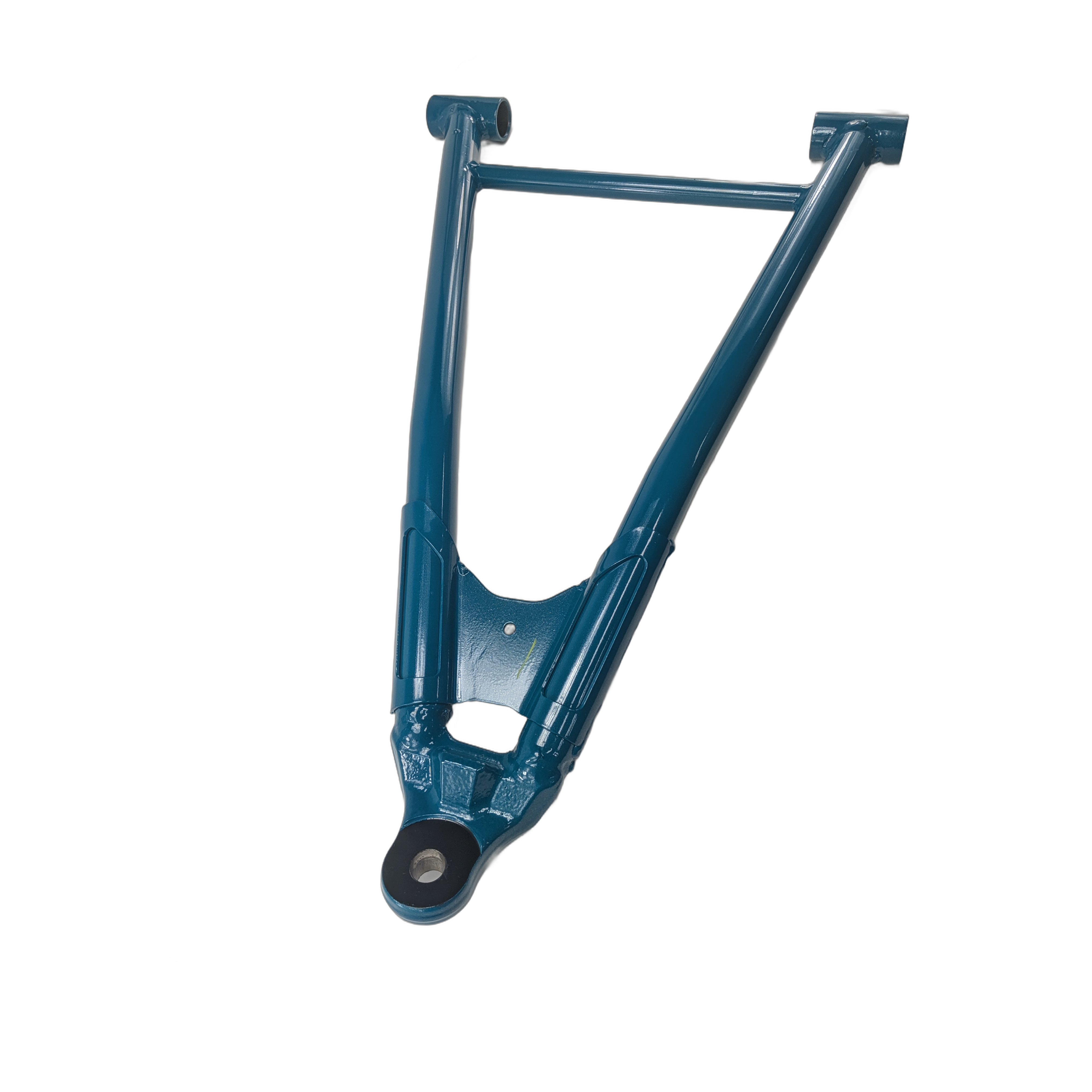 The Arm-Suspension, Front, Lower, Rh, Turquoise by Kawasaki is a metal OEM component with cylindrical bushings at each end, ideal for UTV and ATV off road use. Shown isolated on a white background.