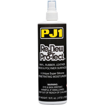 A 16 fl. oz. bottle of Renew & Protect by PJ1 Vht, with a silicone formula that renews and protects rubber, vinyl, leather, wood, and polymer; black label warns of eye/skin irritation and to keep out of reach of children.
