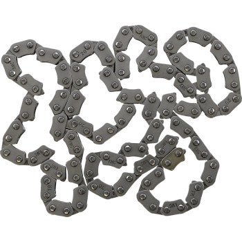 The Cam Chain 82RH2010 x 118 Links by Moose Offroad features flat, interlocking steel links with visible rivets, designed for lightweight durability and reliability. Shown coiled on a white background.