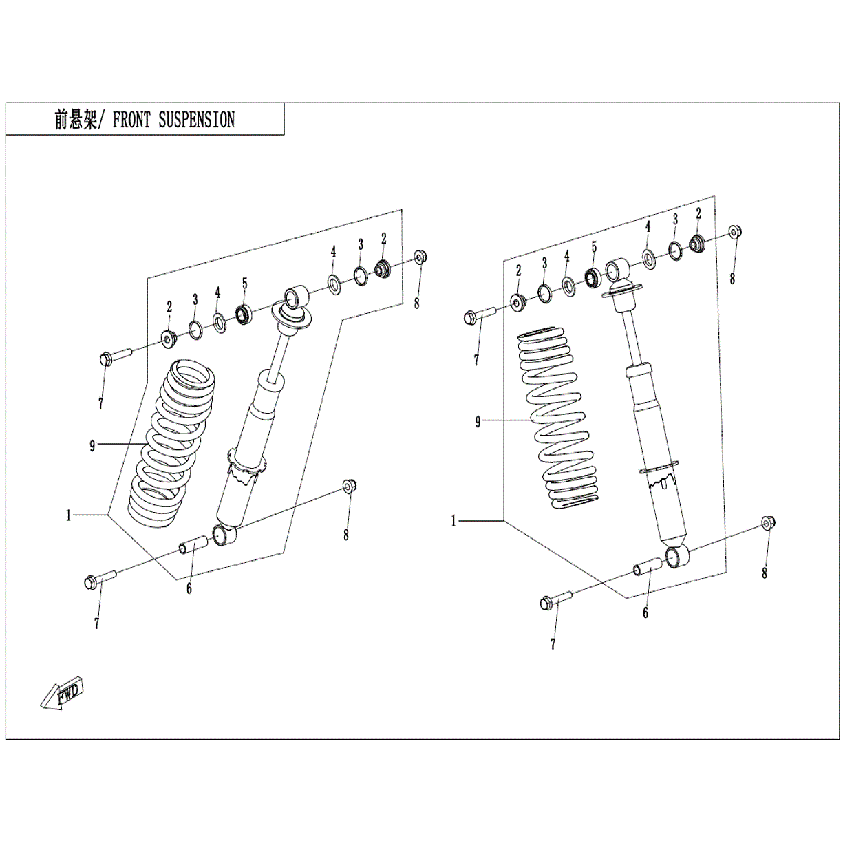 An Image of a Genuine CFMOTO Parts Schematic Diagram showing the schematic - FRONT SHOCK ABSORBER - 2023 CFMOTO ZFORCE 800 Trail