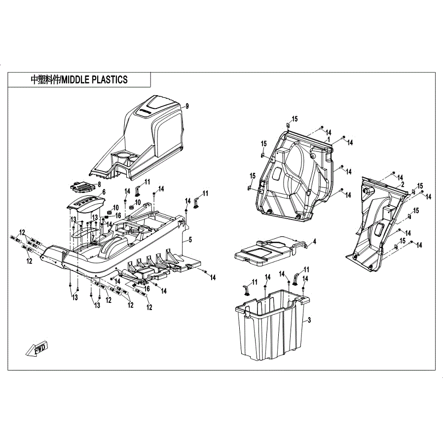 An Image of a Genuine CFMOTO Parts Schematic Diagram showing the schematic - MIDDLE PLASTICS - 2019 CFMOTO UFORCE 500