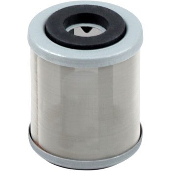The Yamaha Oil Filter by Emgo features a cylindrical metal body with fine mesh, silver end caps, and a black rubber top seal, designed for superior filtration and engine protection, shown against a white background.