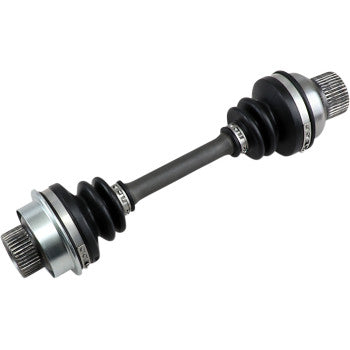 The Front Drive Shaft by All Balls features metal ends and black rubber boots, transmitting power from the transmission to the wheels like a CV axle, enabling flexible movement and supporting a balanced driveline.