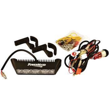 The Yamaha Auto Reverse LED Light Kit by Powermadd includes a wiring harness, mounting brackets, connectors, and a waterproof switch. All components are displayed on a white background for straightforward installation.