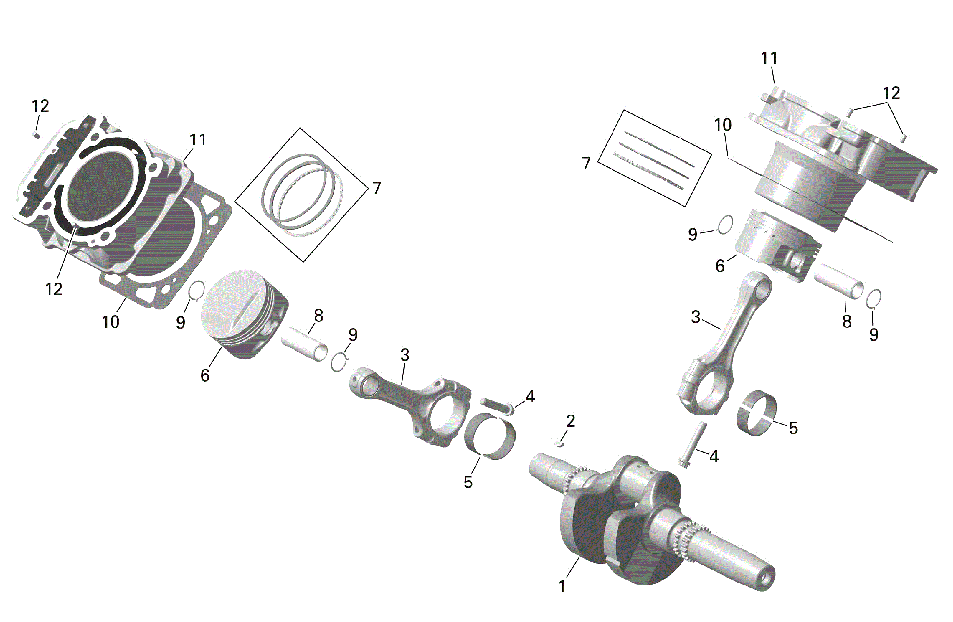 An Image of a Genuine Can-Am Parts Schematic Diagram showing the schematic - ROTAX - CRANKSHAFT PISTONS AND CYLINDER