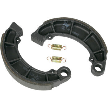 Pair of black curved brake shoes with metal backing plates and two small gold tension springs on white background.
