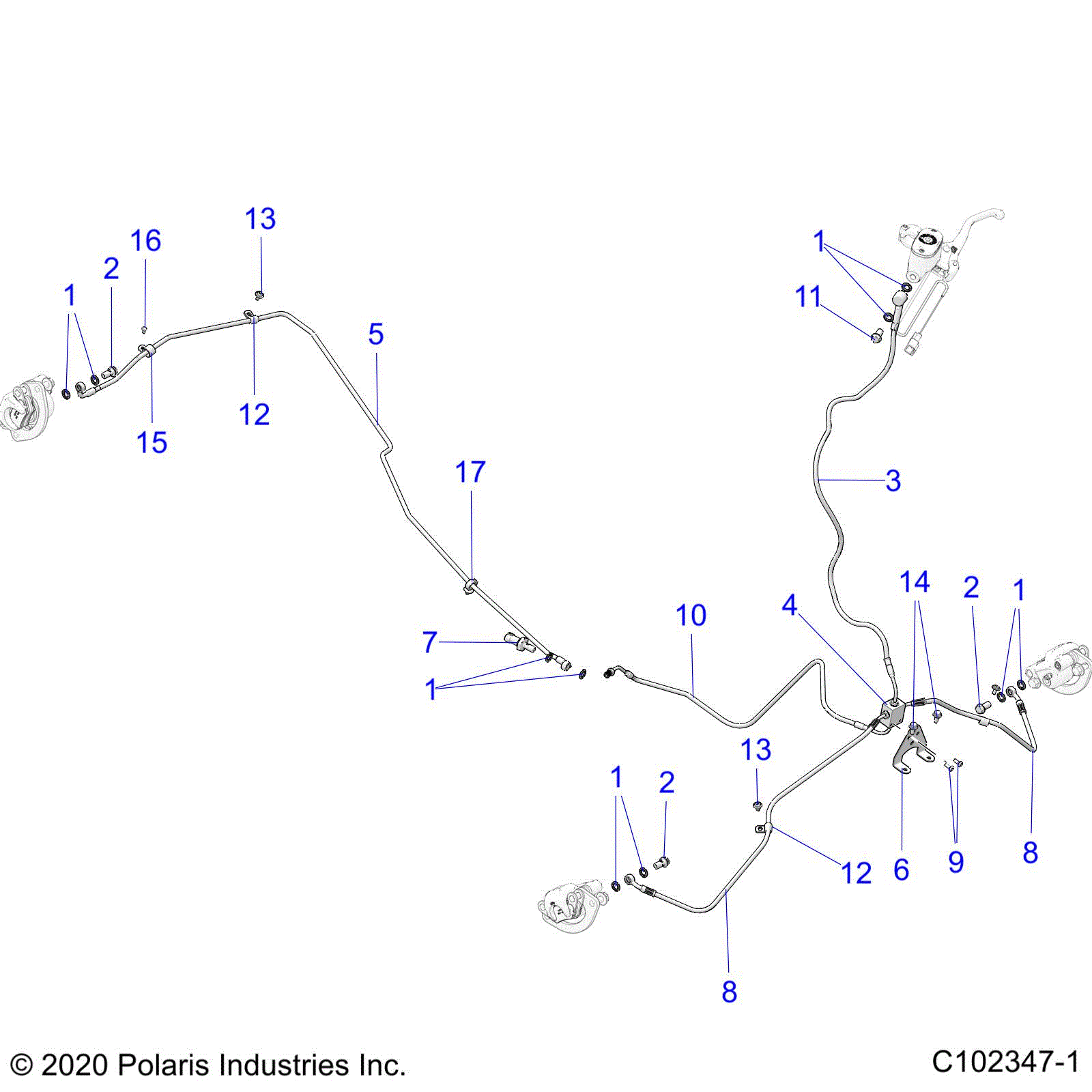 An Image of a Genuine Polaris Parts Schematic Diagram showing the schematic - BRAKES: BRAKE LINES - 2021 POLARIS SCRAMBLER 850 48"