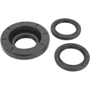 Three black seals of varying sizes from the Honda Differential Seal Kit Rear by Moose Offroad are arranged on a white background; the largest is on the left, with two smaller ones on the right—ideal for rear differential service.