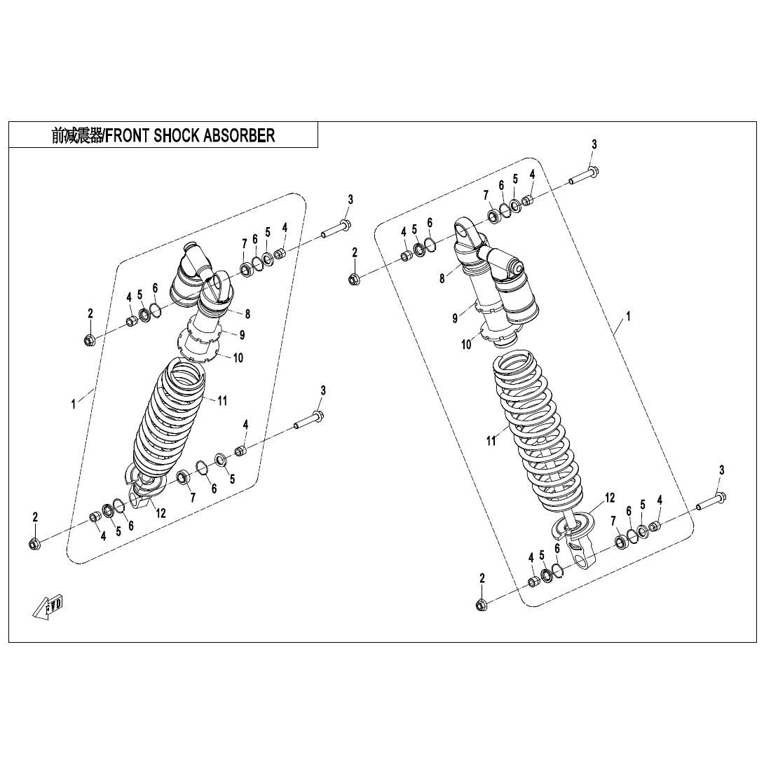 An Image of a genuine CFMOTO Parts Schematic Diagram showing the group - FRONT SHOCK ABSORBER (GAS)-BLACK - 2020 CFMOTO CFORCE 800 XC
