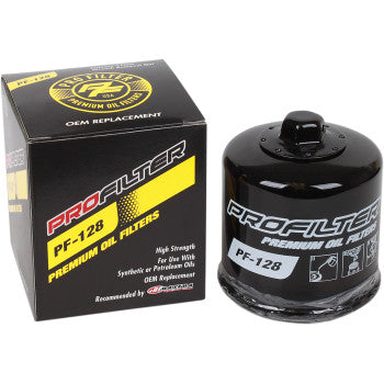 A black Replacement Oil Filter by Pro Filter with micro-pore filtration is shown beside its matching black and yellow box, which features branding and product details in white and red text.