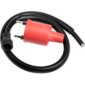 The Honda Ignition Coil by Moose Offroad features a black wire with a red cylindrical connector and metal prongs on one end, plus a black rubber boot on the other, coiled for maximum spark energy and quicker starts.
