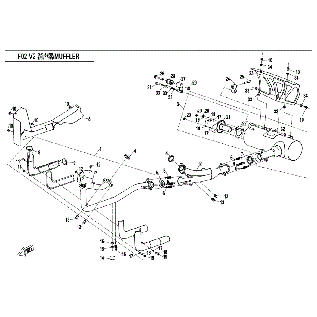 An Image of a Genuine CFMOTO Parts Schematic Diagram showing the schematic - MUFFLER - 2020 CFMOTO UFORCE 800