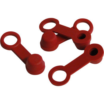 Four red Helix Brake Bleeder Caps, each with an attached loop, are displayed on a white background. Designed to protect brake bleeders from dust and debris, this 4-pack set features circular covers connected to rings by flat strips.