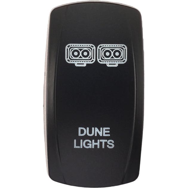 A black Dash Switch Rocker Face Dune Light by XTC Power with two outlined light icons above the label DUNE LIGHTS in white capital letters.
