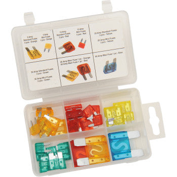 The Fuse Assortment Master 33 Pack by Performance Tool includes standard and mini fuses in assorted colors and amperages in a clear box with a lid diagram showing fuse types and amp ratings.