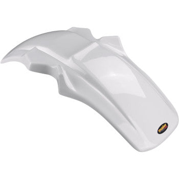 The Front Fender White by Maier is made from high-density polyethylene, features an angular design, a small black-and-yellow Maier logo near the edge, offers OEM color match, and ensures lasting durability with its glossy white finish.