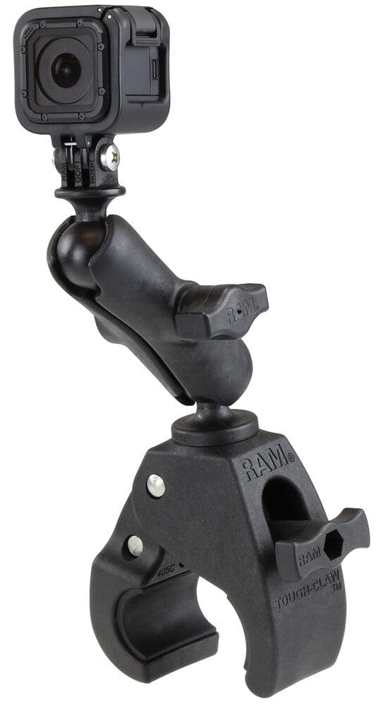 The RAM Tough Claw w/ Go Pro Base by RAM Mounts is a compact action camera mount with a black adjustable arm and sturdy clamp, designed for poles or handlebars; compatible with most action camera mounts and GoPro adapters.