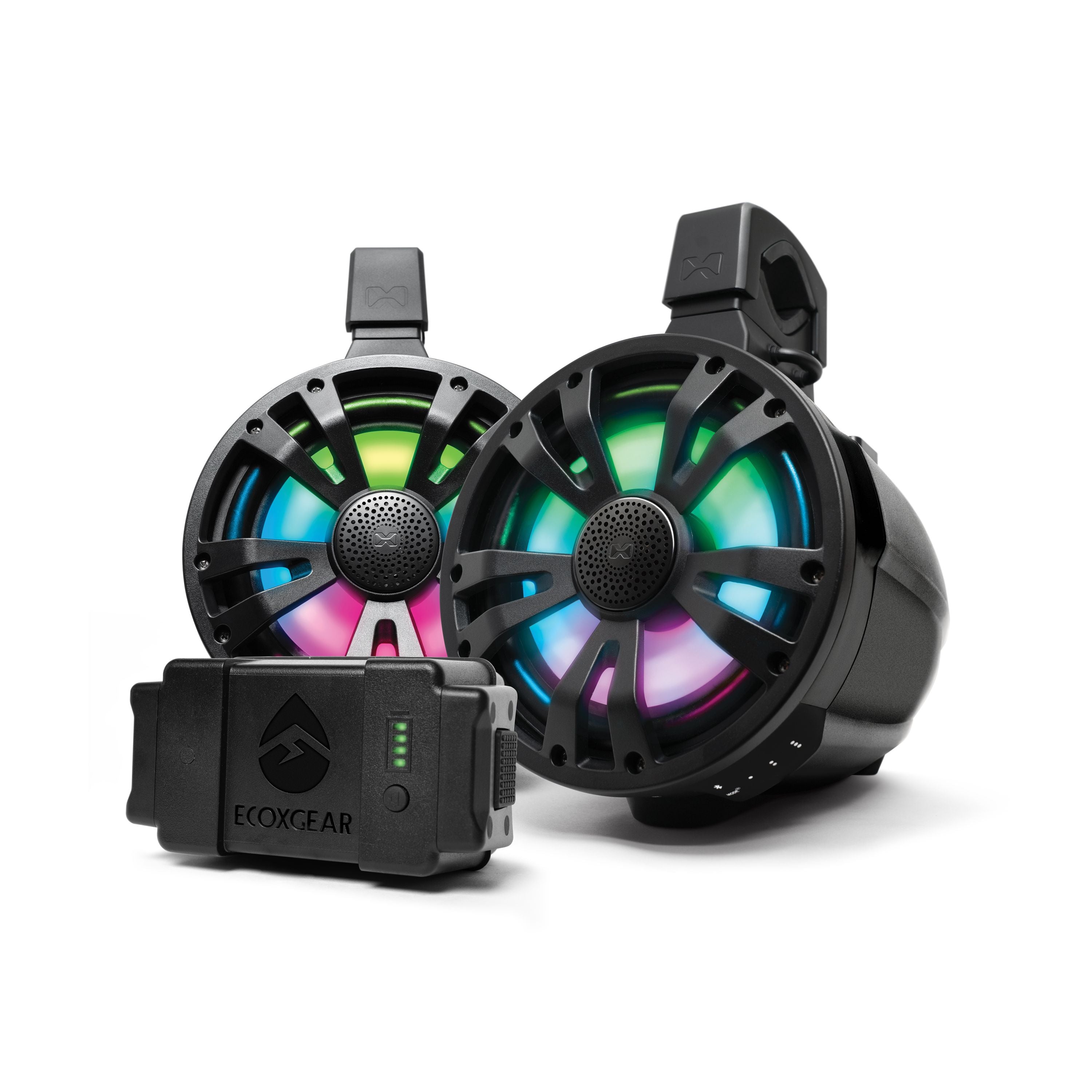The EcoXGear Extreme Tower 2-Pack 8" marine speakers—one with built-in amp & battery, one non-amp—are shown in black with round Bluetooth design, colorful LED lights, and a small black Ecoxgear control device on a white background.