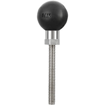 Black rubber ball mount with threaded steel shaft and hexagonal silver base by Ram Mounts.