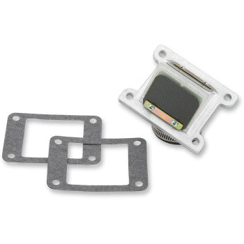 The Yamaha Rad Valve Reed Cage Assembly by Boyesen features a rectangular carbon fiber dual-stage reed assembly, metal mounting plate, and two black gaskets, all shown on a white background for improved throttle response.
