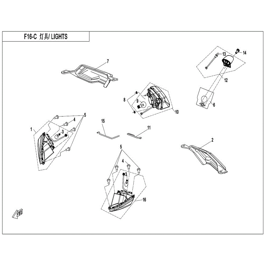 An Image of a genuine CFMOTO Parts Schematic Diagram showing the group - LIGHTS (NA - 2021 CFMOTO CFORCE 400