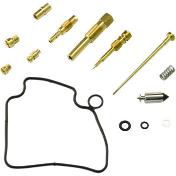 The Honda Carburetor Repair Kit by Shindy, featuring main jets, float valves, needles, a spring, O-rings, and a black rubber gasket, is arranged on a white background.