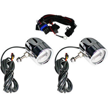 Pair of round chrome LED fog lights with clear lenses, attached wiring harnesses, and mounting brackets.