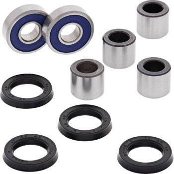 The A-Arm Bearing Kit Front Upper Lower by Moose Offroad features bearing steel cylindrical bearings, black rubber seals, blue inner-ring bearings, and metal bushings—perfect OEM replacement parts for your A-arm rebuild kit.