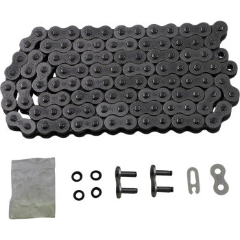 The 520 X1R3 Chain 104 Link by JT Chains is coiled at the top, with included O-rings, rivet links, a clip, a connecting link plate, and a sealed packet arranged below—all displayed on a plain white background.