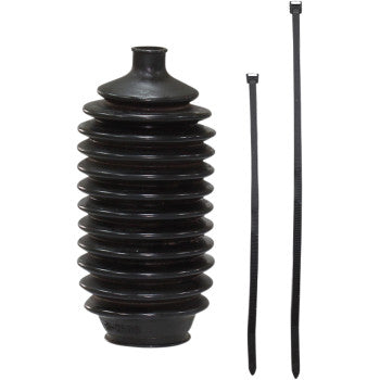 The Steering Rack Boot Left & Right by Epi, made of black rubber in an accordion style, is shown on a white background with two black plastic zip ties beside it as replacement parts.
