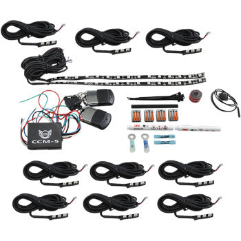 The Indian Full Lighted Engine Kit by Custom Dynamics, including LED accent lights, wires, remote controls, batteries, connectors, and a control box, is displayed on a white background.