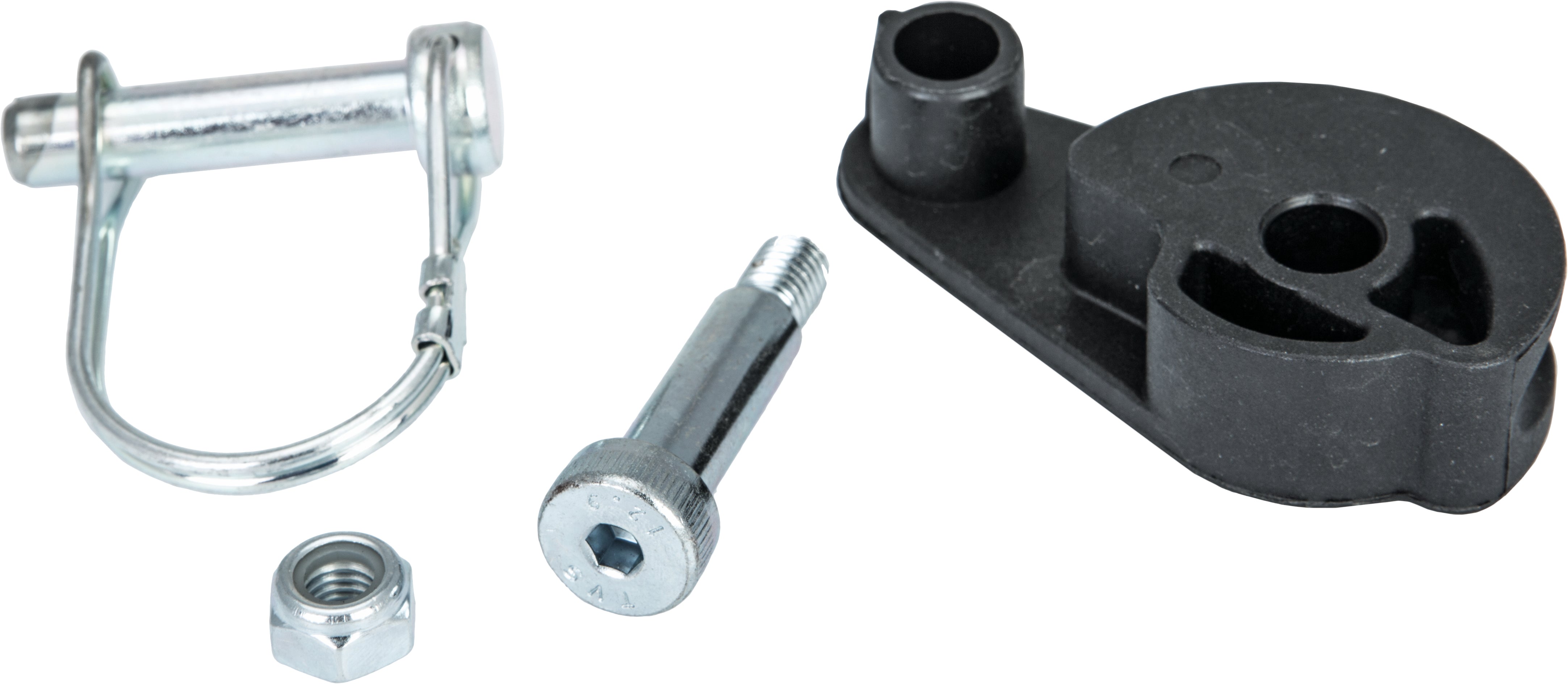 The Snow Plow Rope Guide Service Kit by Warn includes a metal clevis pin with wire lock, hex bolt, hex nut, and a black plastic bracket with two holes, all displayed on a white background.