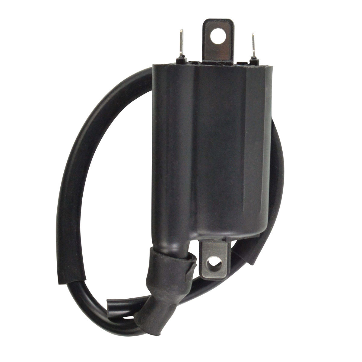 Black external ignition coil with cylindrical shape, metal mounting bracket, and attached black wiring harness.