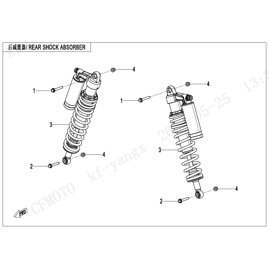 An Image of a Genuine CFMOTO Parts Schematic Diagram showing the schematic - REAR SHOCK ABSORBER - 2025 CFMOTO ZFORCE 950