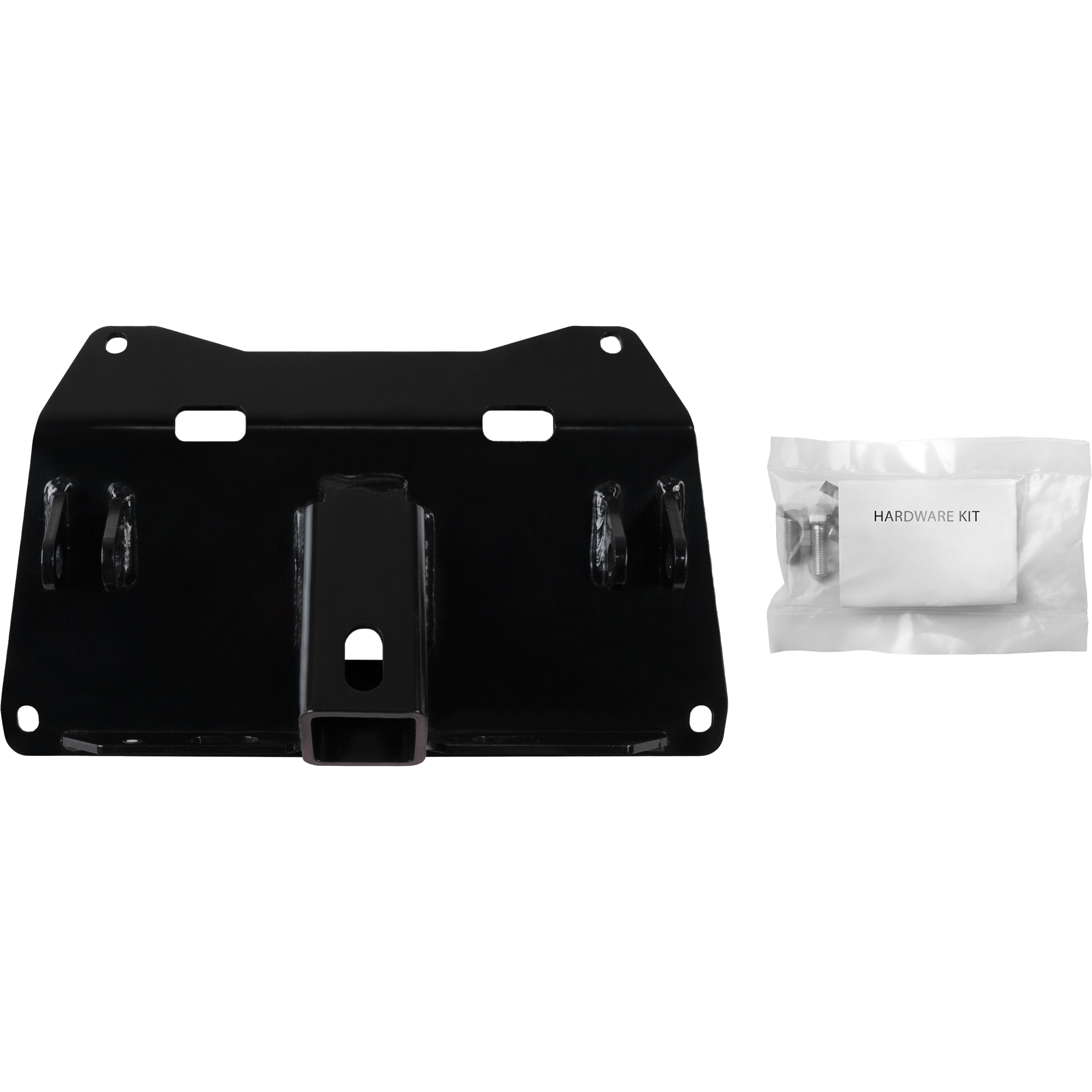 The UTV Plow Mount by Open Trail is a black metal bracket with multiple holes and a square center opening, shown next to a clear plastic HARDWARE KIT bag containing screws and bolts.
