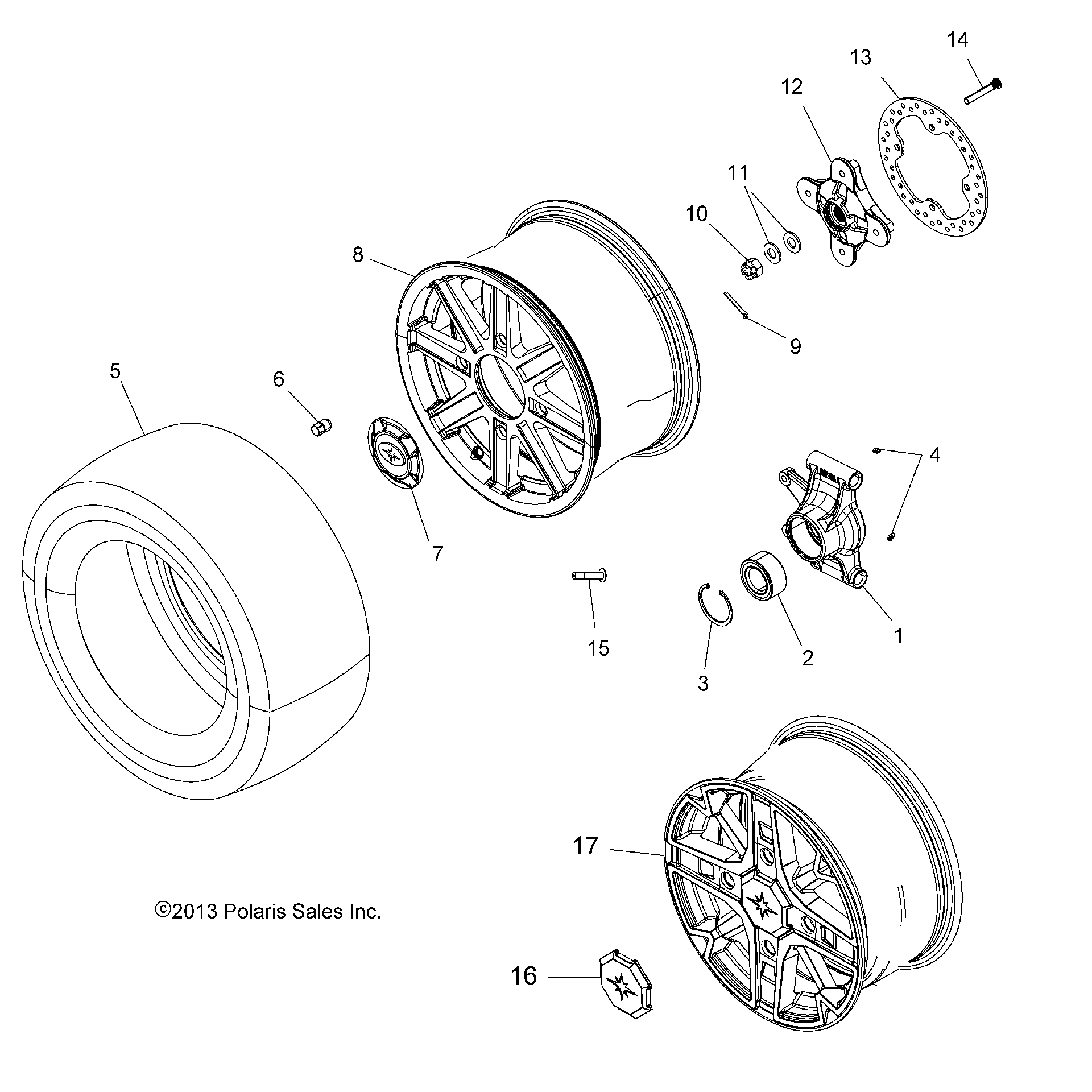 An Image of a Genuine Polaris Parts Schematic Diagram showing the schematic - WHEELS: REAR and HUB - 2015 POLARIS SPORTSMAN 1000 XP